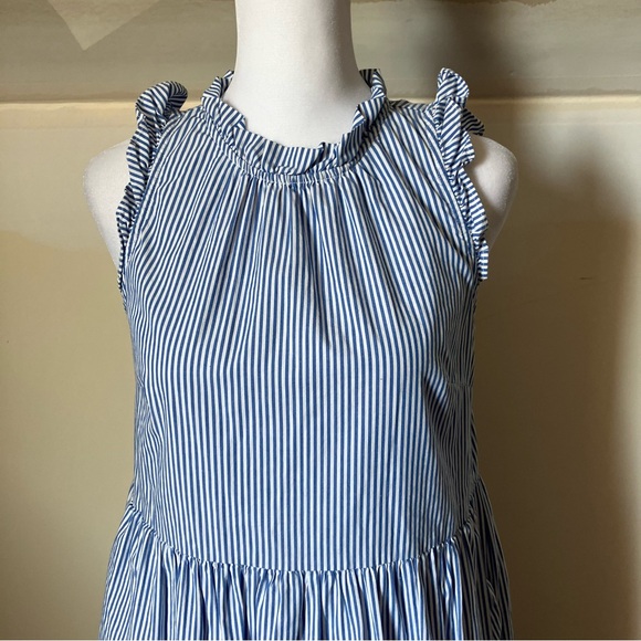 J. Crew Tiered Flounce Ruffle Searsucker Blue and White Stripe Sleeveless Dress - Picture 4 of 11